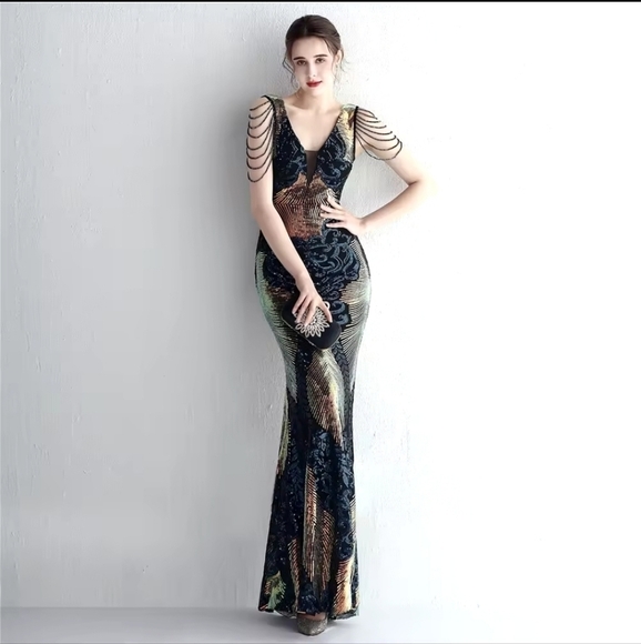 Navy, Floral, Beaded,  V Neck, Round Back,  Sleeveless,  Sequined Mermaid Gown - Picture 5 of 16